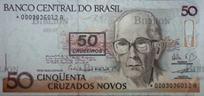 Банкнота  50 крузадо,  Бразилия (1990 г Серия замещения)  Надпечатка 50 крузейро  - Biblion.shop 